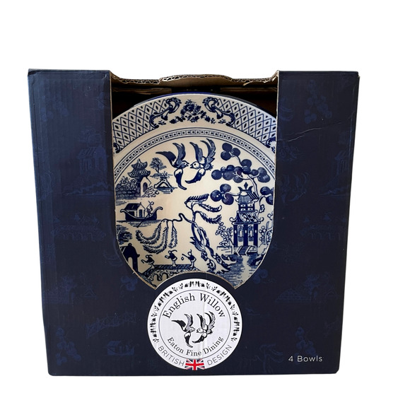 Eaton Fine Dining English Willow 9in Pasta Bowls Blue & White Set of 4 NEW - Picture 2 of 16